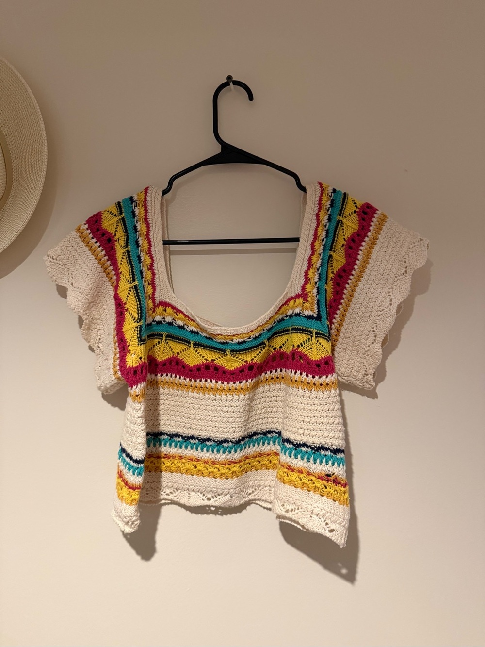 POL Crochet Scoop Neck Short Sleeve Top in Cream with Multicolor Stripes